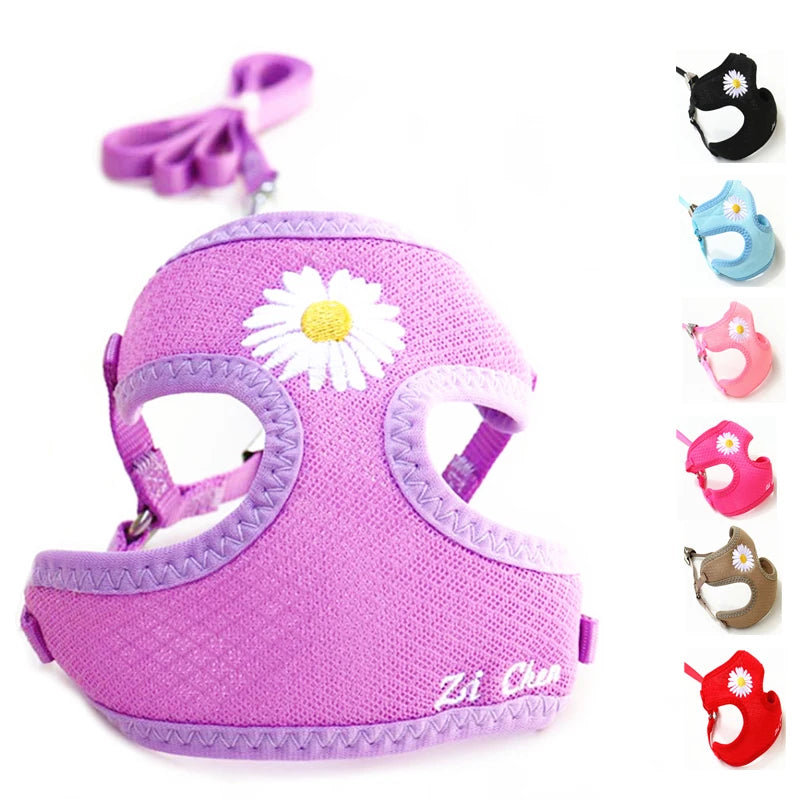 Nylon Dog Harness and Leash Set for Small Medium Dogs, Adjustable Daisy Embroidery Puppy Mesh Vest Harness Pet Accessories