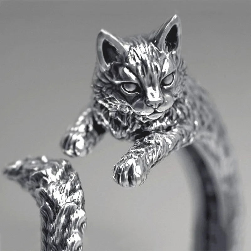 1pc Vintage Dark Alloy Cartoon Little Cat Open Ring For Women Personality Fashion Simple Ring Handicraft Gift For Girl