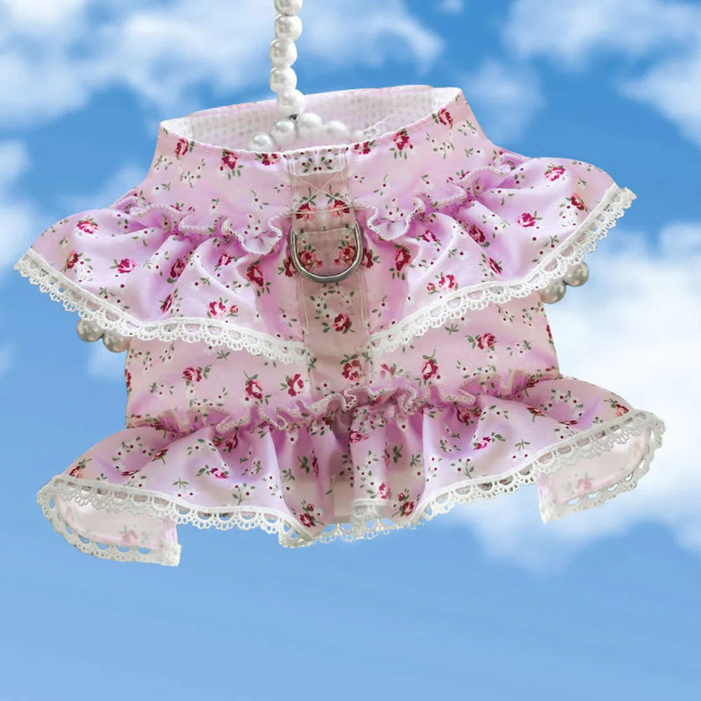 Pink Flower Puppy Harness Mesh Breathable Small Girl Dog Cat Vest Harness Cute Doggy Lace Dress Harness with Leash for Walking