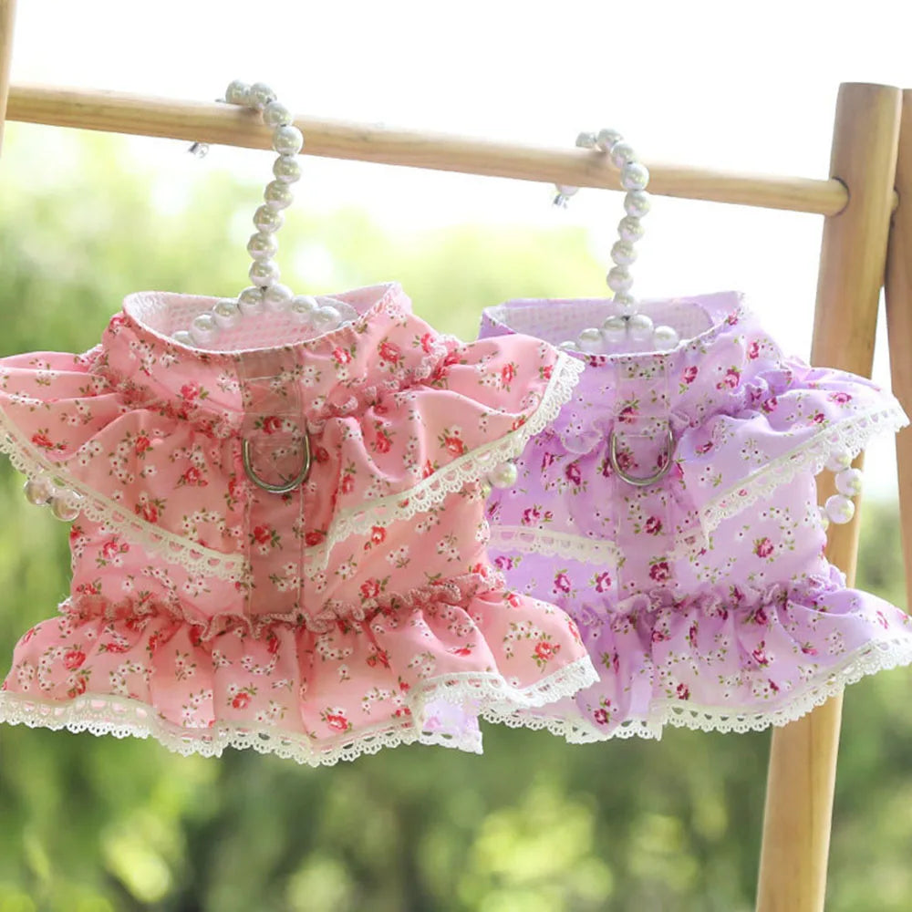 Pink Flower Puppy Harness Mesh Breathable Small Girl Dog Cat Vest Harness Cute Doggy Lace Dress Harness with Leash for Walking