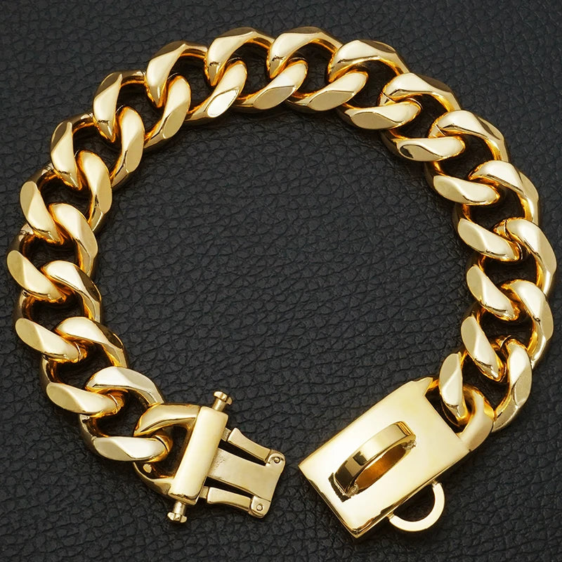 19MM Upgrade Heavy Duty Gold Dog Collar with Solid Buckle Stainless Steel Cuban Link Luxury Metal Pets Walking Collar Choker