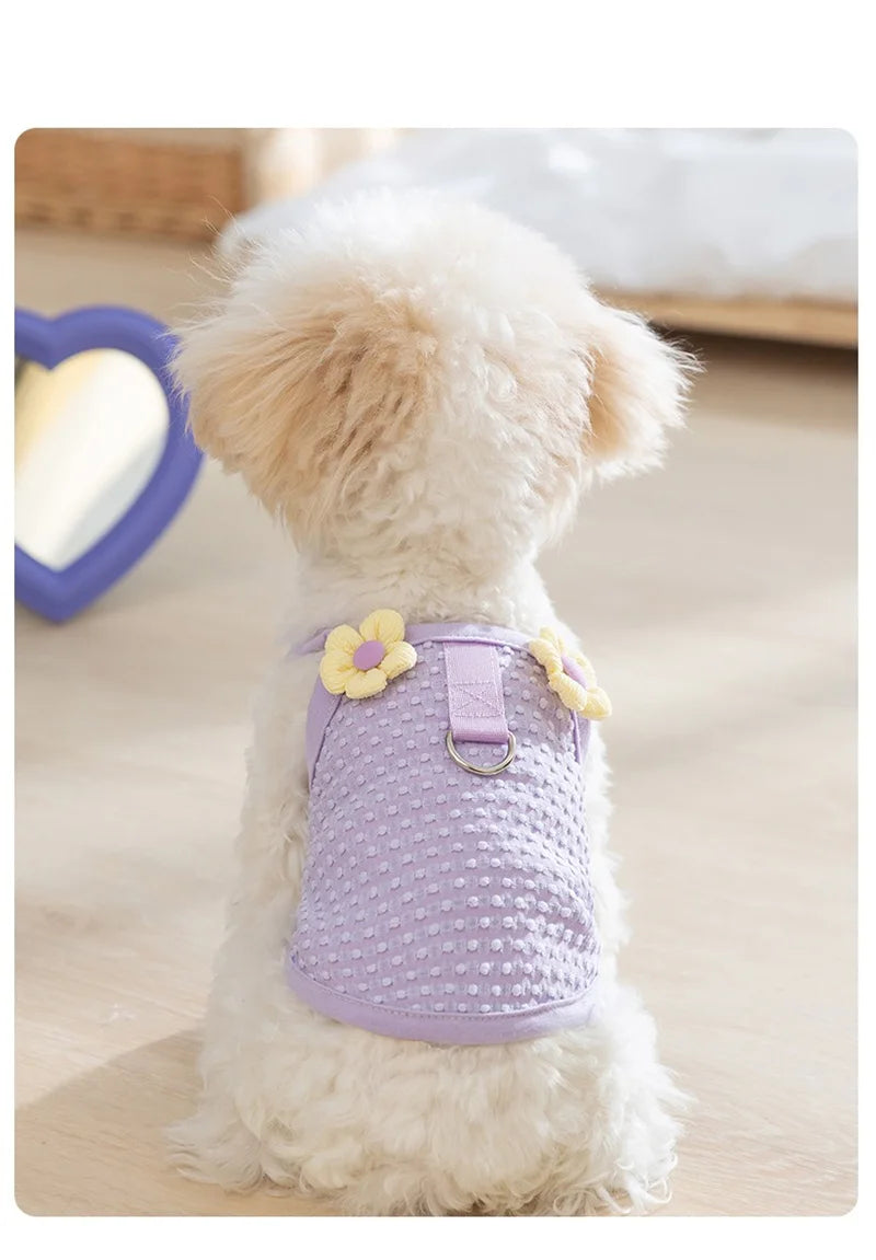 Sweet Flower Decorate Puppy Summer Clothes Breathable Unisex Small Chihuahua Pet Cat Vest Walking Leash T Shirt for York Dogs