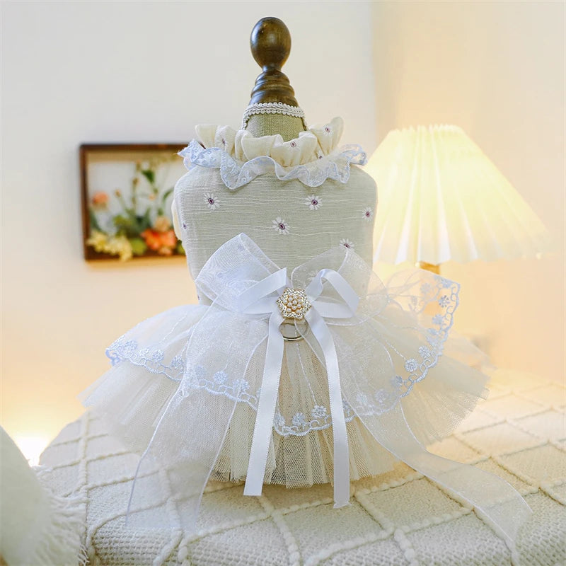 Sweet Princess Female Puppy Summer Clothes Wedding Party Dress for Dogs White Lace French Bulldog Small Medium Pet Cat Clothing