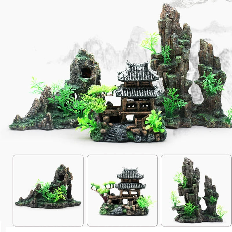 Resin Aquarium Rockery Mountain Decoration Artificial View Rock Cave Stone Tree Fish Tank Ornament Pet Supplies Home Decor New