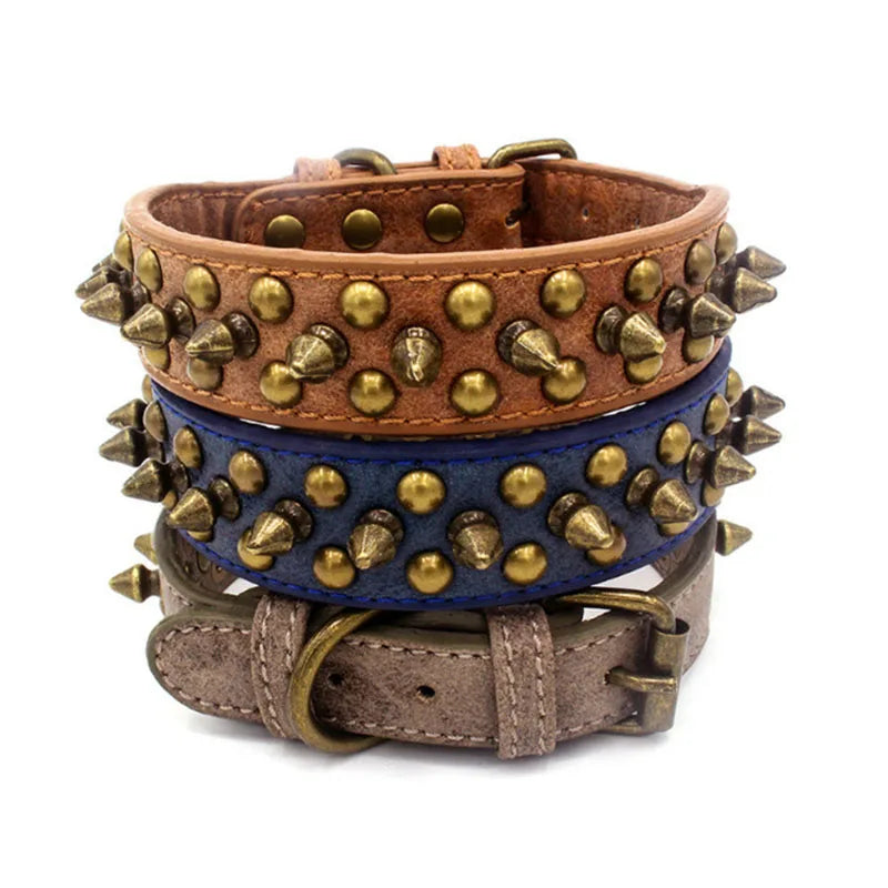 Bronze Spiked Studded Leather Dog Collars For Small Medium Large Dogs Pet Spike Collar Rivets Anti-Bite Pet Products Neck Strap