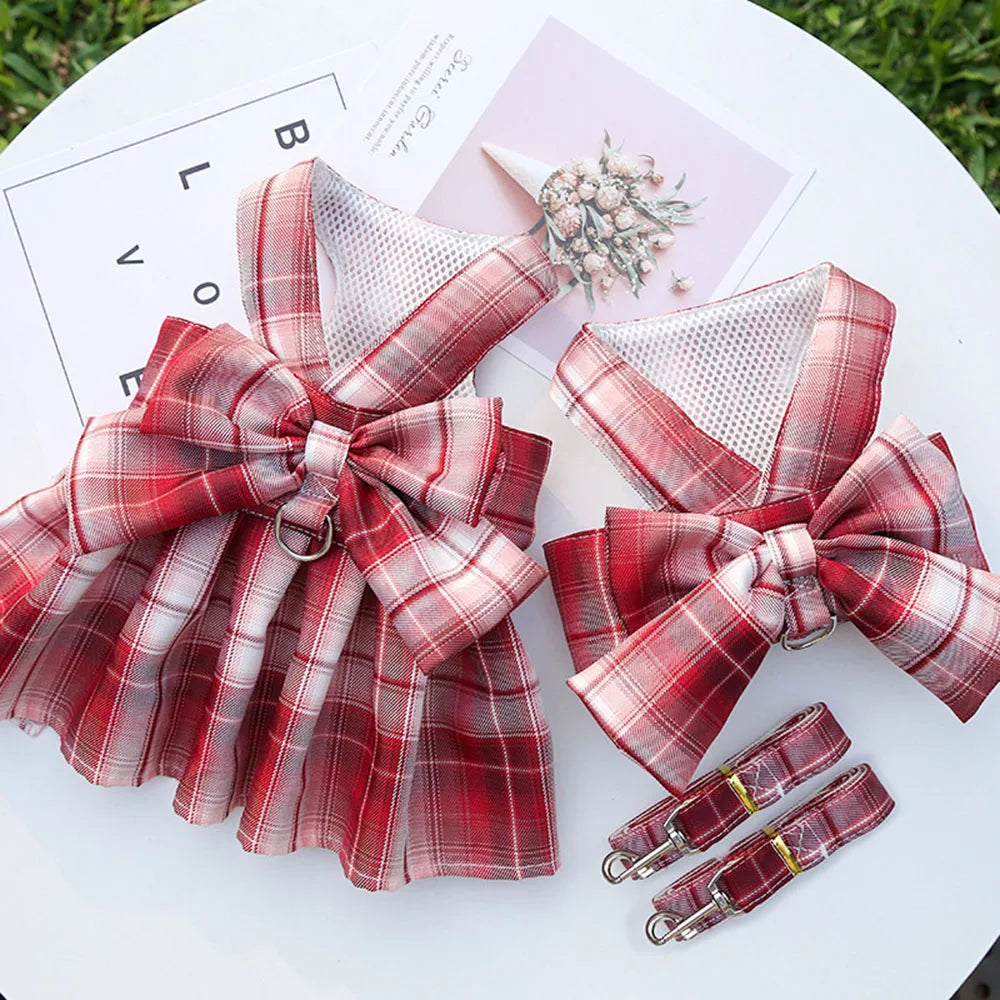 Puppy Dog Adjustable Harness Pet Plaid Skirt Cat Dog Vest Type Traction Clothes Small Dog Party Birthday Wedding Bowknot Dress