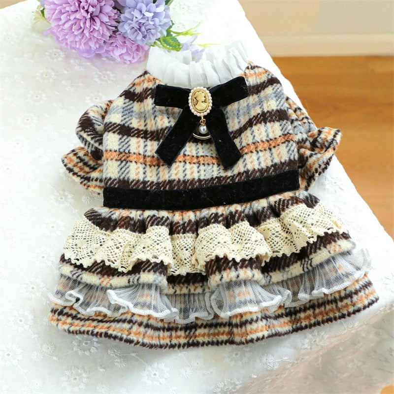 High Collar Small Dog Clothes Plaid Woolen New Year Autumn Winter Brown Overalls for Cats Maillard Fashion Girl Chihuahua Dress