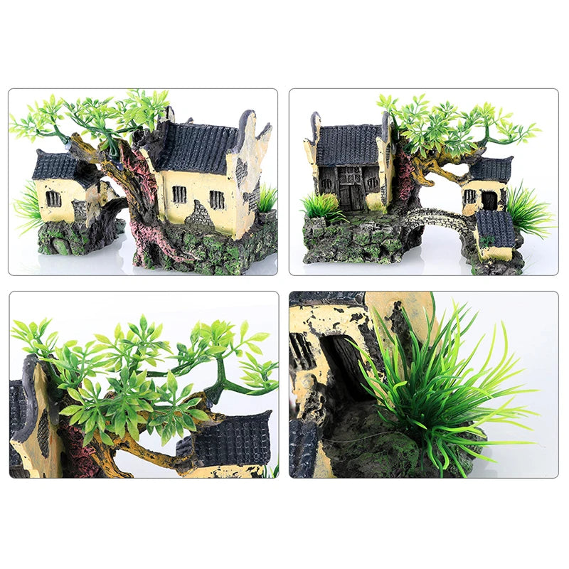 Resin Aquarium Decoration Simulated Attic Pavilion Artificial House View Rock CaveTree Fish Tank Ornament Pet Supplies Home Deco