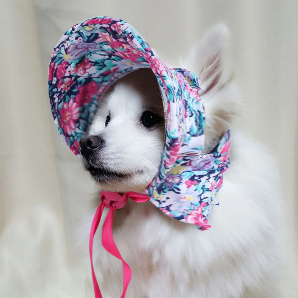 Dog Hat with Ear Holes for Outdoor Sun Protection Floral Dog Cap Female Summer Pet Visor Sunbonnet Adjustable for Girl Puppies