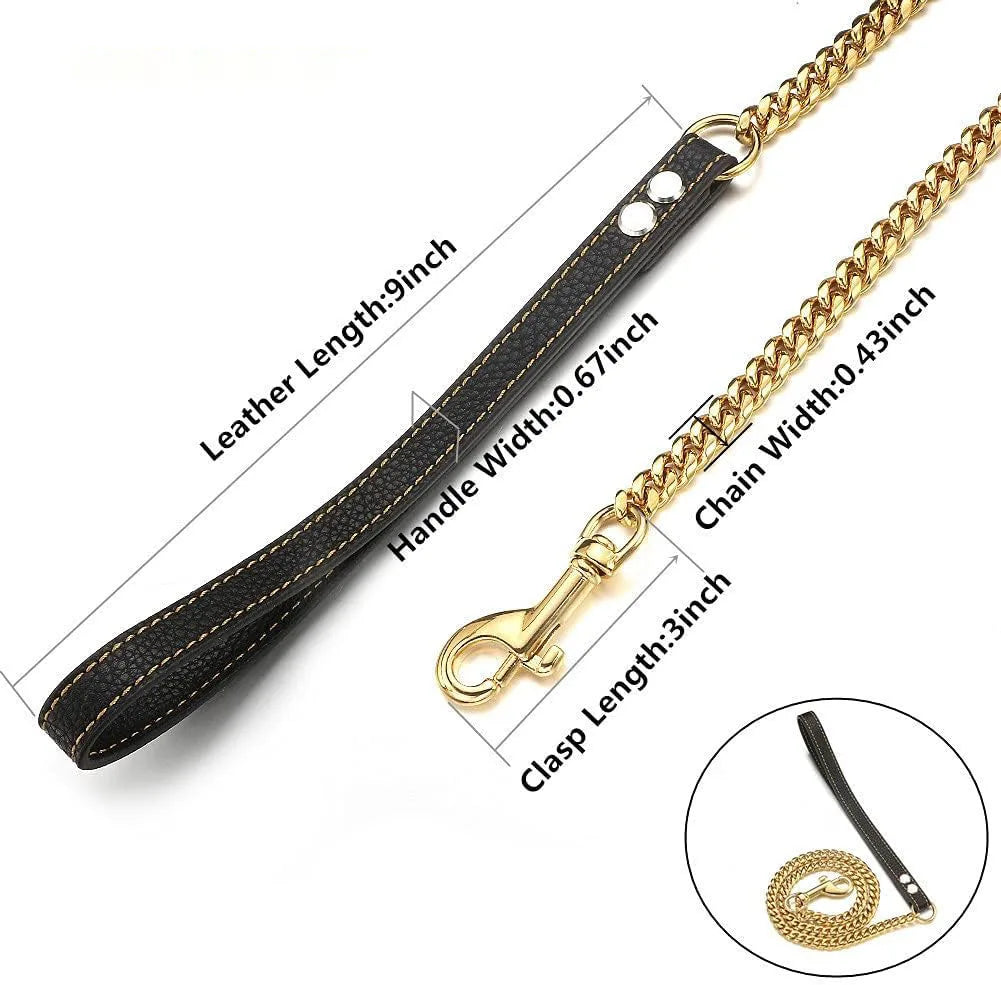 10MM Strong Stainless Steel Dog Chain Leash Heavy Duty 18K Gold Miami Cuban Link Chain with Genuine Leather Handle for Large Dog