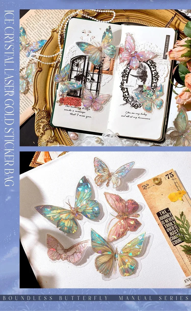 5Style 20pcs/pack INS Butterfly PET Sticker Pack Ice Crystal Laser Gold DIY Handbook Decoration 3D Scrapbook