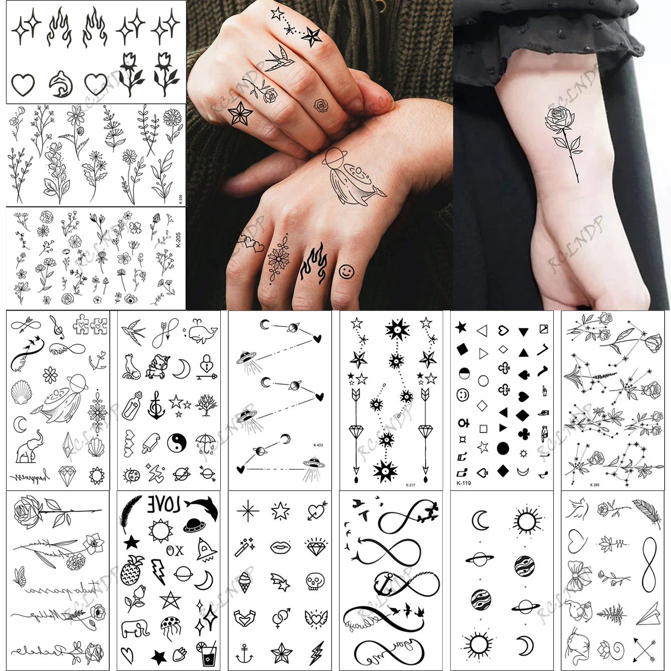15pcs Waterproof Temporary Tattoo Sticker Starry Moon Flower Heart Flying Bird Fake Tatto Flash Tatoo finger Tato for Women Men