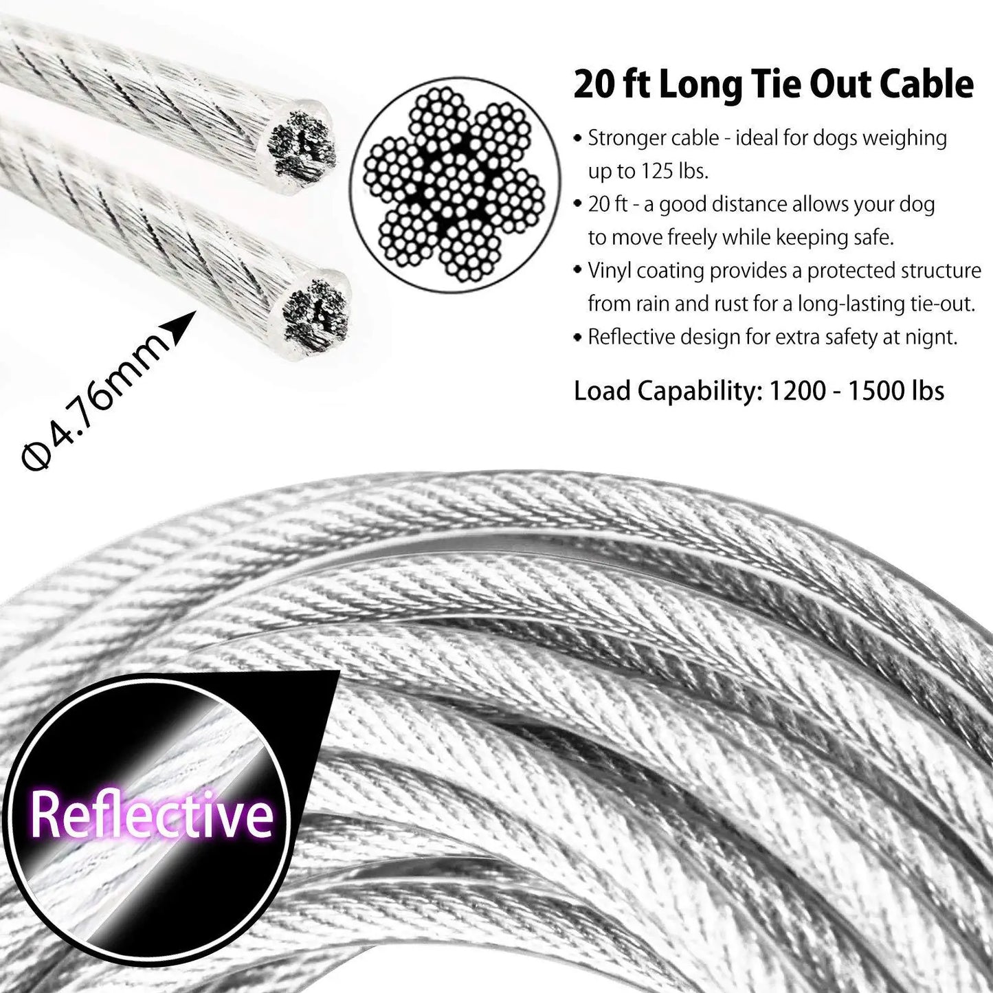 Steel Wire Dog Tie Out Cable, Dog Runner for Yard, Durable Superior Clips, Silver Dog Chains