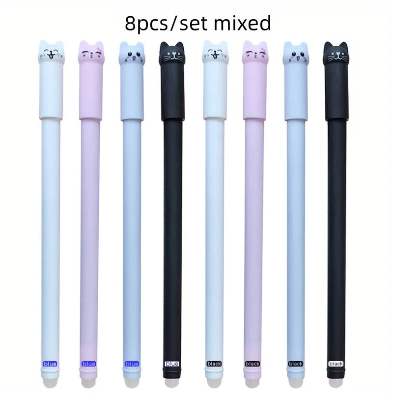 4/8/12pcs Creative Cat Erasable Gel Pens Set 0.5mm Washable Handle Magical Blue/Black Ink Erasable Refills Rod Writing Stationer