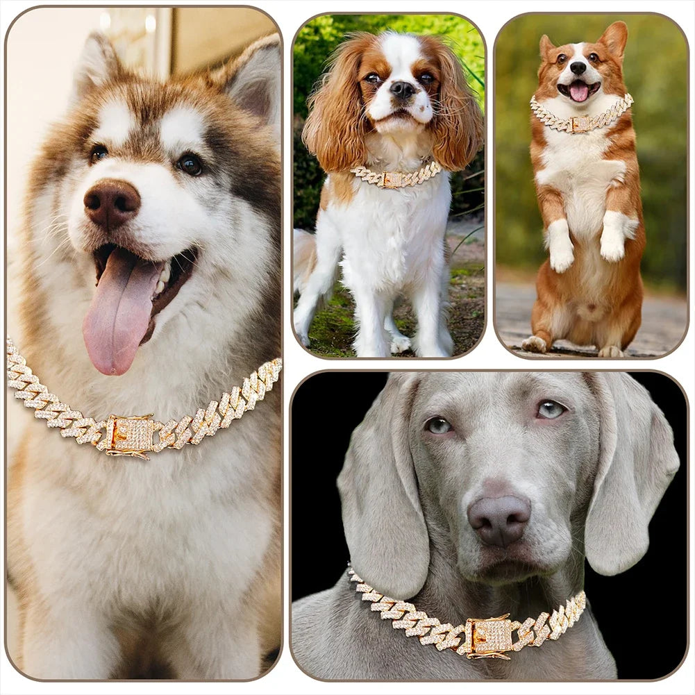 15MM Wide Diamond Luxury Necklace for cat dogs Bling Jewelry Dog Chain Collar Cuban link Gold Chains for small medium Dogs pet