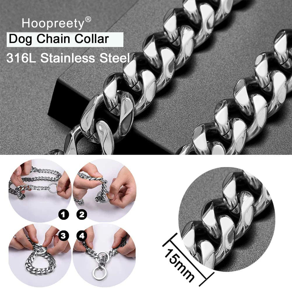 Strong Choke Chain Dog Collar Luxury 15MM 18K Gold Stainless Steel Cuban Link Metal Necklace for Small Medium Large Dogs Pitbull