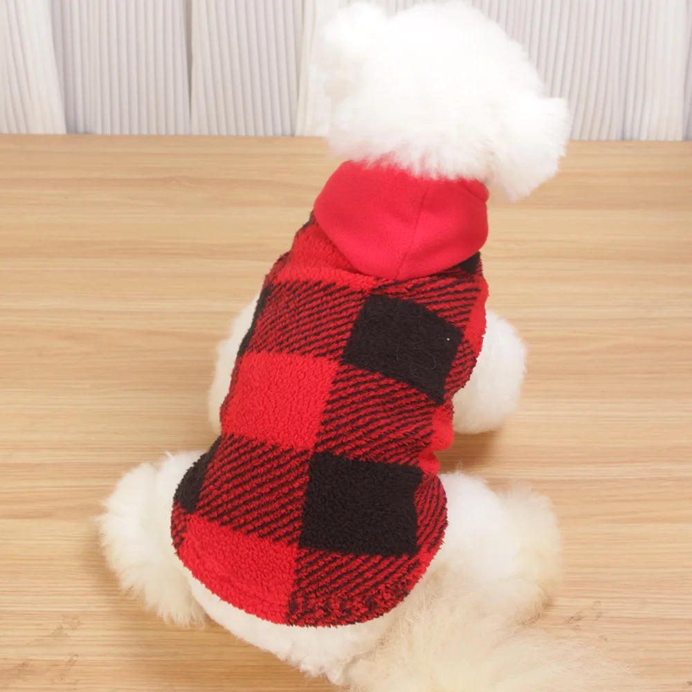 Plaid Dog Hoodie Christmas Pet Clothes Fleece Sweater with Leash Hole for Small Medium Dogs, Soft Winter Warm Dog Sweatshirt