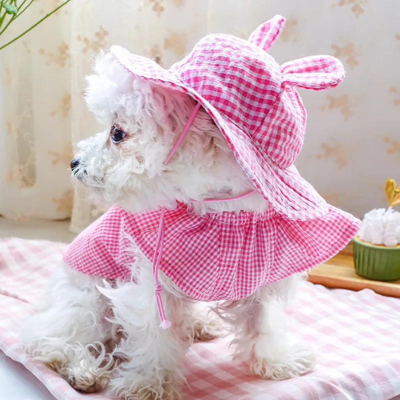 Pastoral Style Plaid Cat Hat Cute Ears Sunshade Cap for Dogs Summer Pet Headwear Unisex Outdoor Hats Chihuahua Dogs Accessories