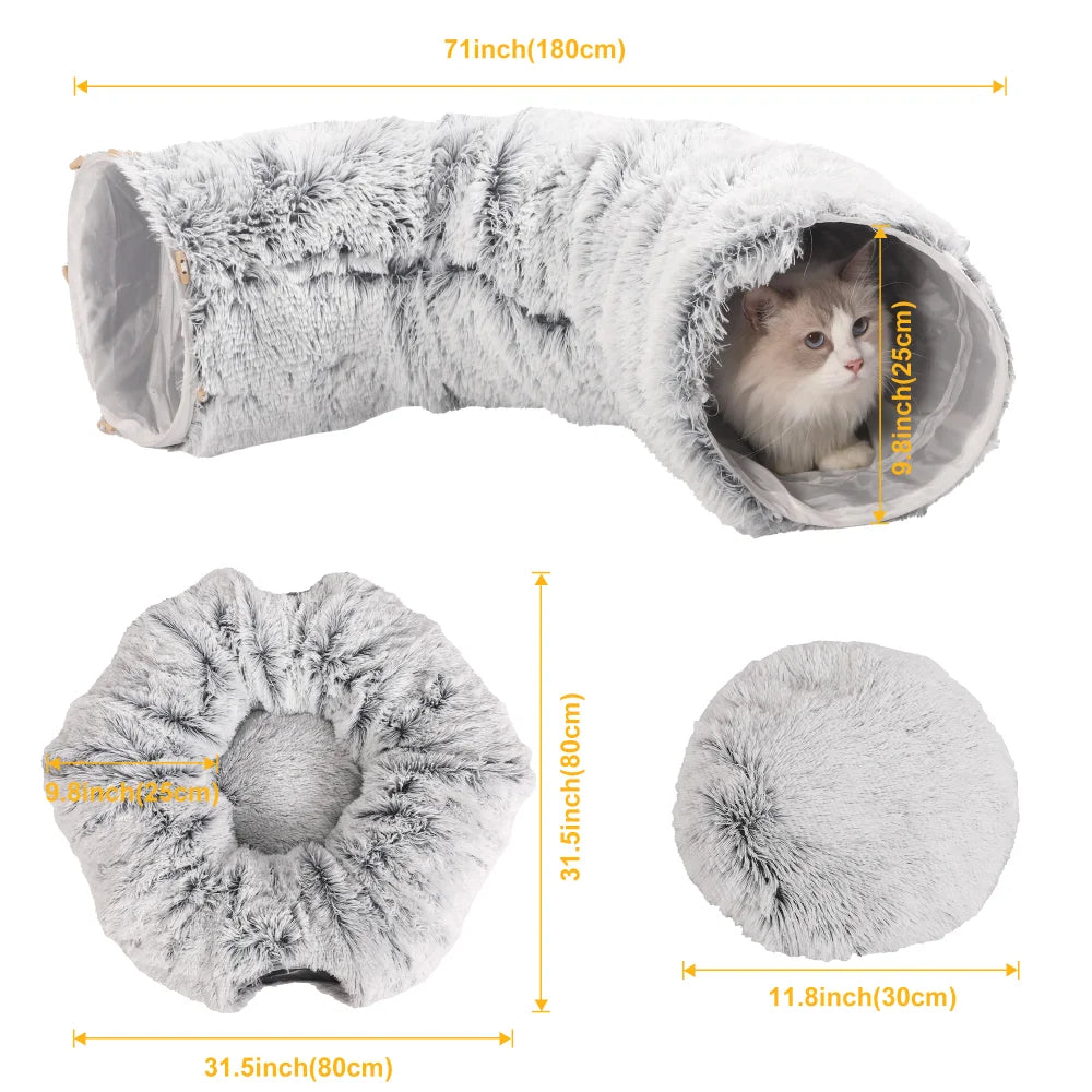 Plush Pets Cat Kennel Gray Foldable Round Cats Nest Crossing Tunnel Bed Winter Warm Collapsible Basket Cushion Mat Pet Supplies