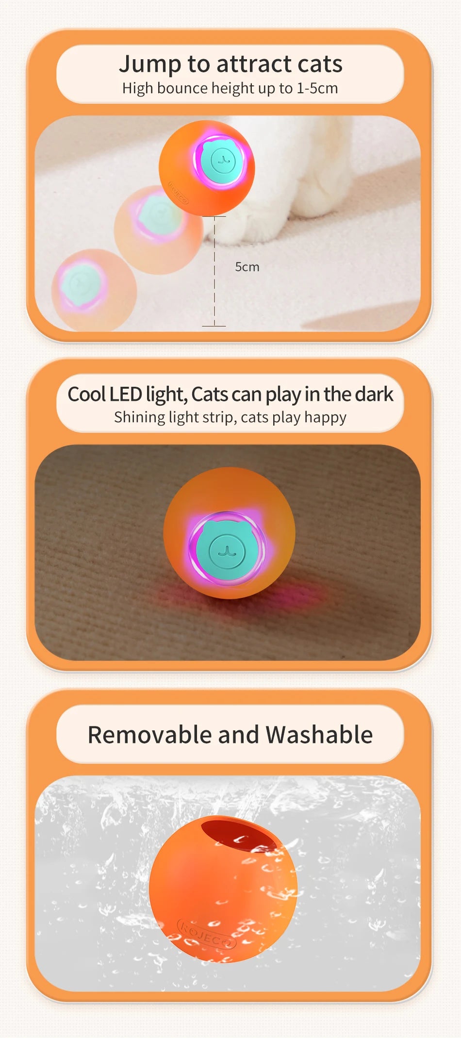 ROJECO Smart Pet Toys Cat Bouncing Ball Automatic Rolling Ball Interactive Training Self-moving Electric Toys Pet Accessories