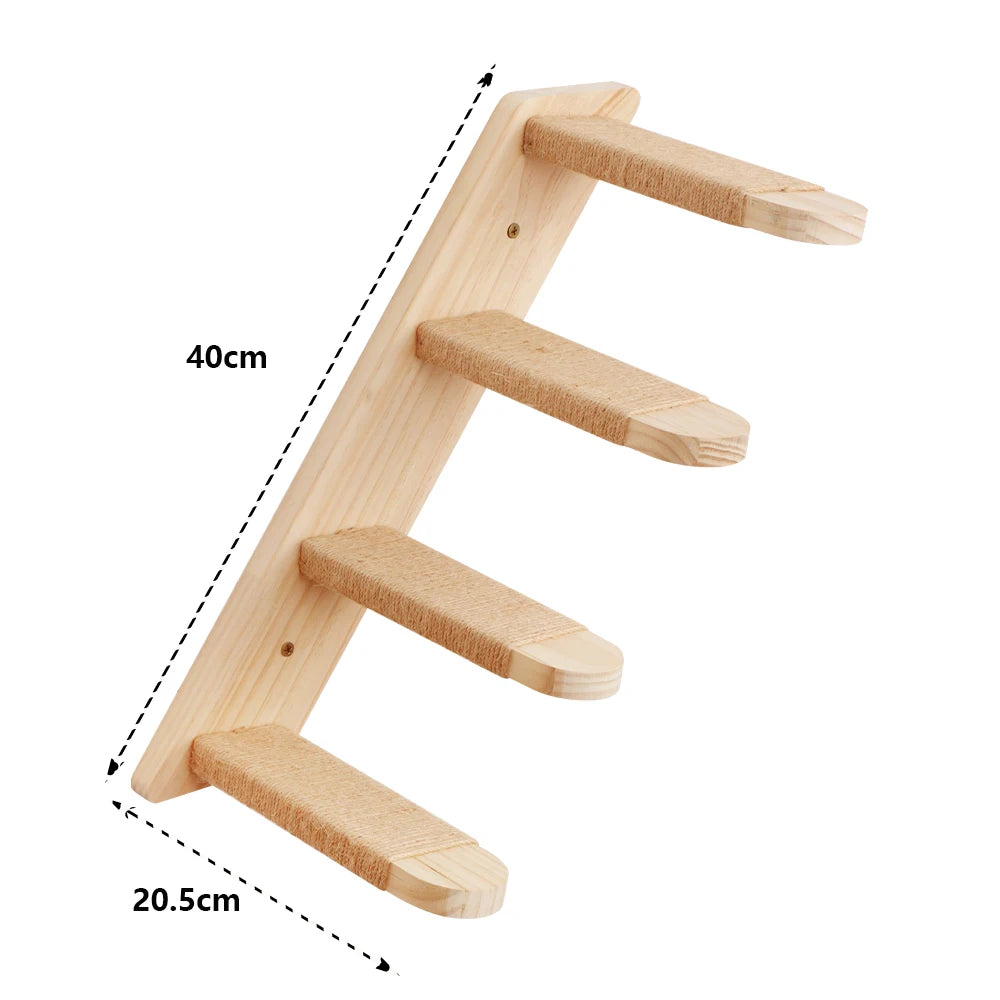 Cat Wall Climbing Shelves Wall Mounted Hammock Cat Scratching Post Wooden Stairway Shelves with Sisal Rope Ladder Wall Cat Tree