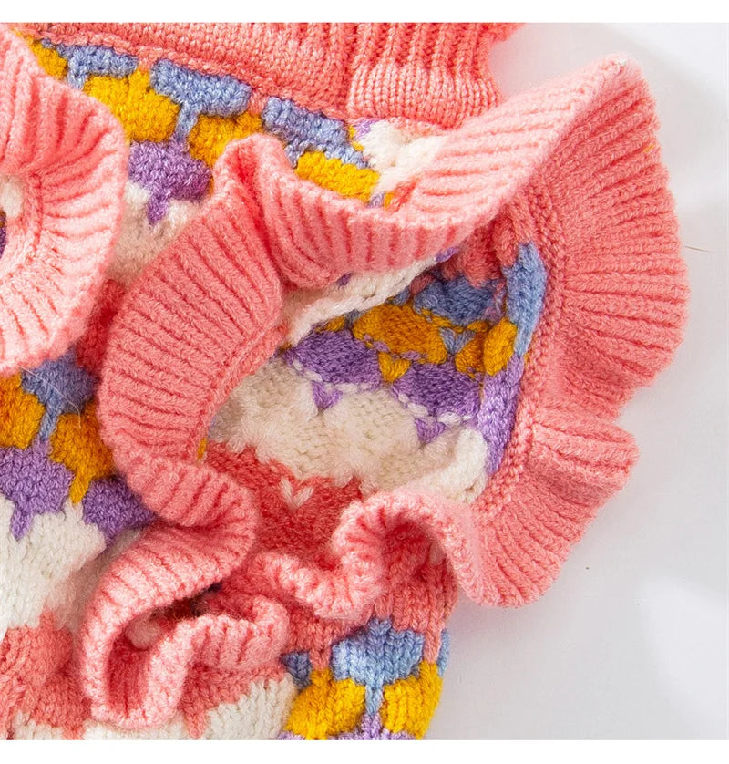 Knitted Flower Pet Dog Sweaters Orange Winter Warm New Year Clothing for French Bulldog Outfits Fancy Small Puppy Overalls