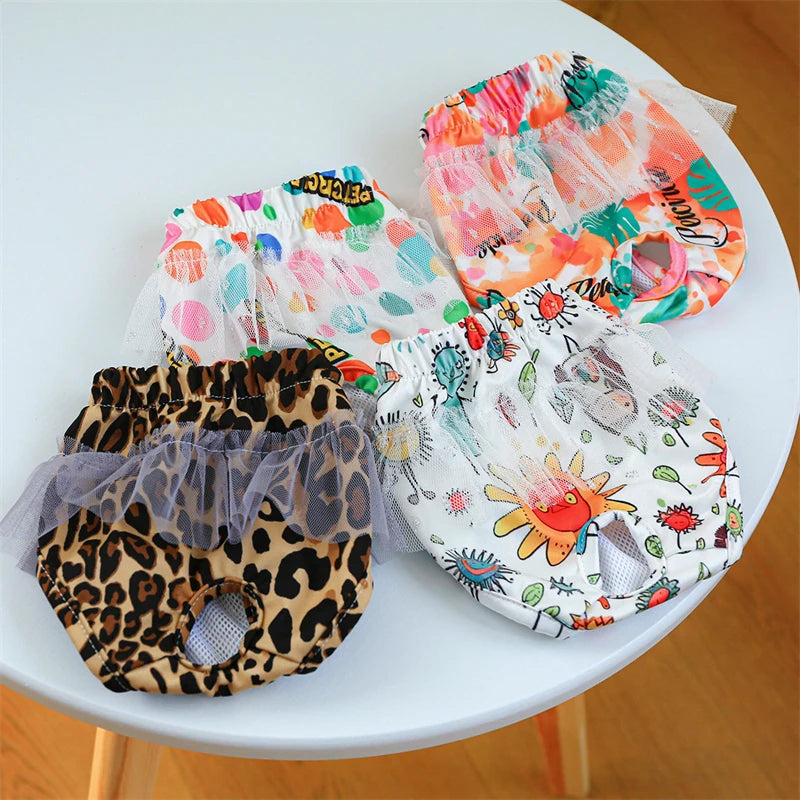 Floral Pet Dog Physiological Pants Cute Plaid Dress Lace Female Teddy Yorkshire Cats Shorts Breathable Cotton Small Dog Clothes