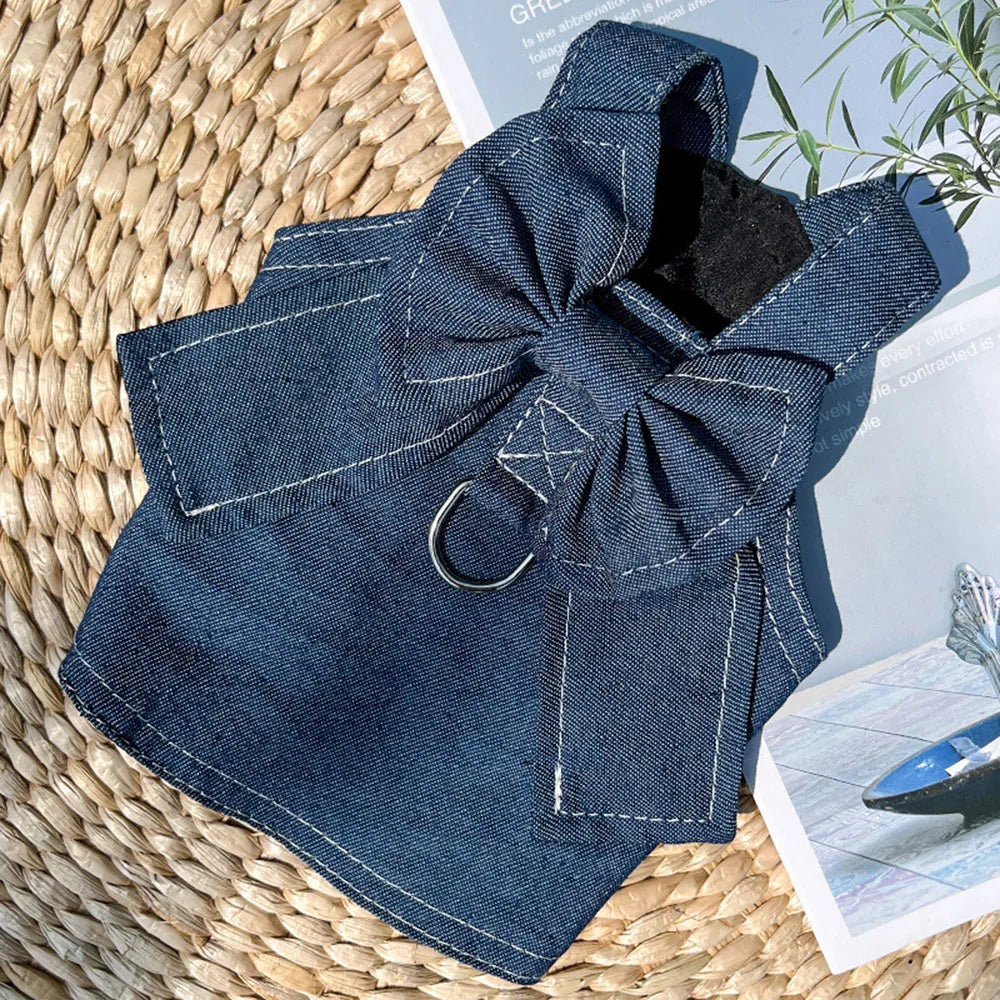 Pet Denim Clothes For Cat Dog Spring Summer Cat Dress Harness Kitten Jeans Shirt Cat Bowtie Skirt Dress Vest Harness with D-Ring