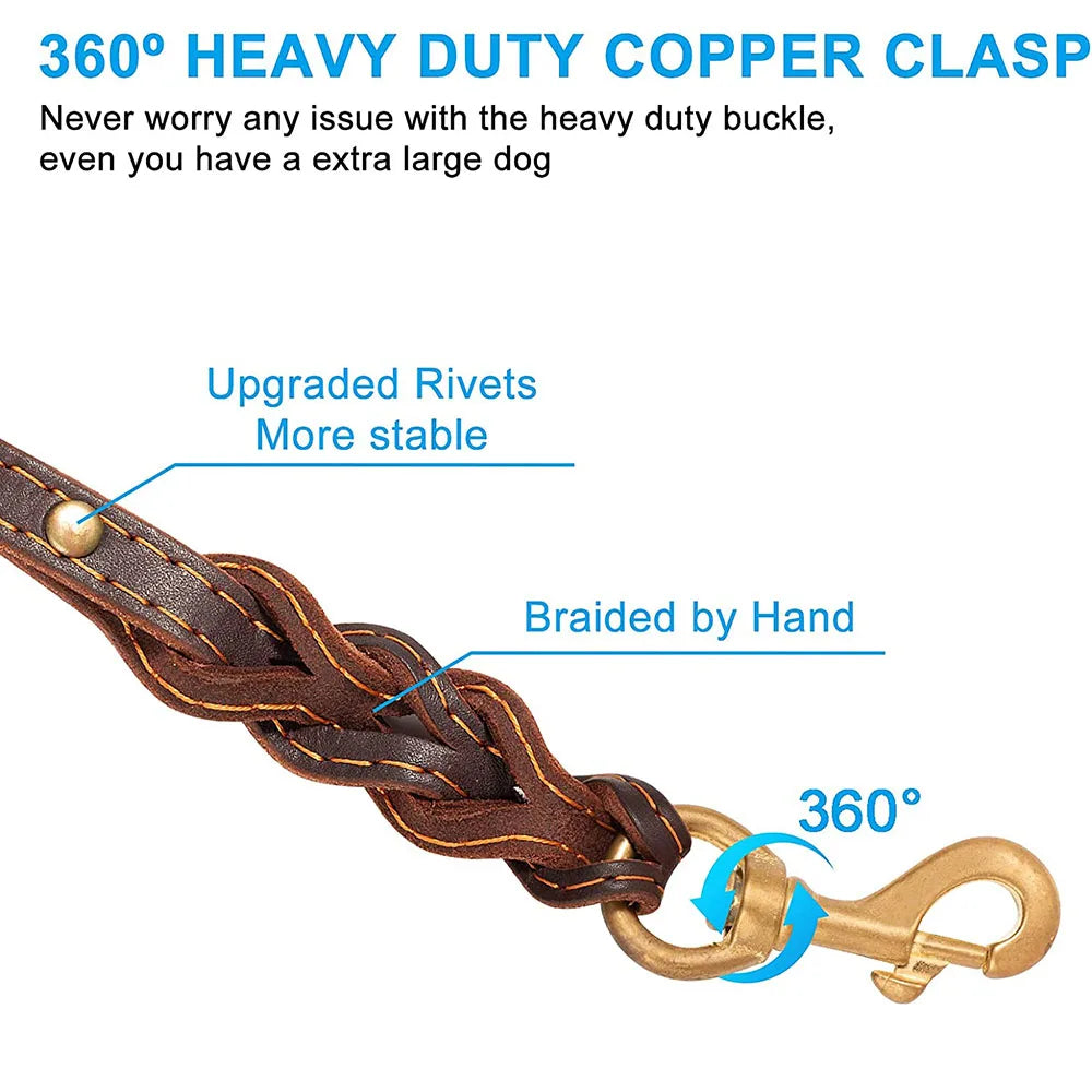 Braided Leather Dog Leash with Traffic Handle Two Handles Leather Dog Leash Leads for Training Bulldog Pit-bull Pet Dog Supplies