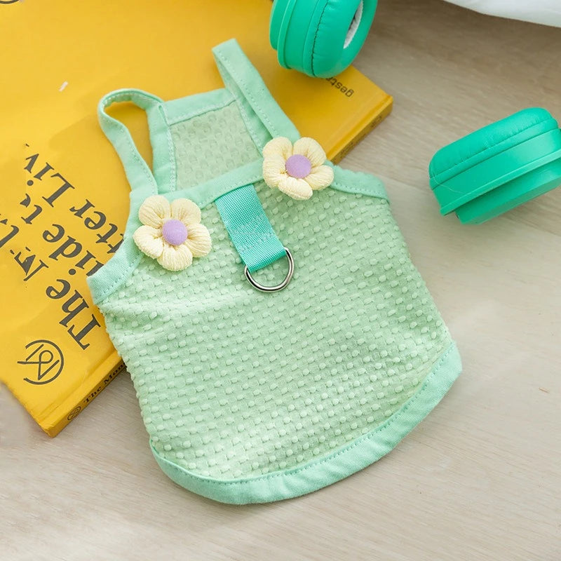 Sweet Flower Decorate Puppy Summer Clothes Breathable Unisex Small Chihuahua Pet Cat Vest Walking Leash T Shirt for York Dogs