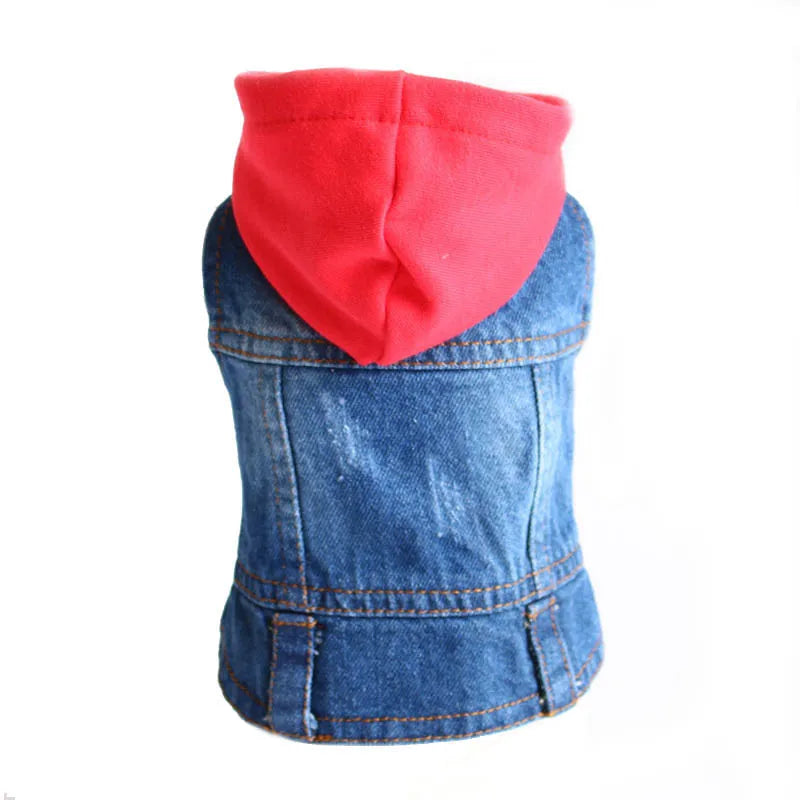 Sleeveless Denim Dog Jacket - Dark Wash, Puppy Hooded Jeans Coat Spring Summer Dog Clothes for Small Medium Dogs Bulldog Yorkie