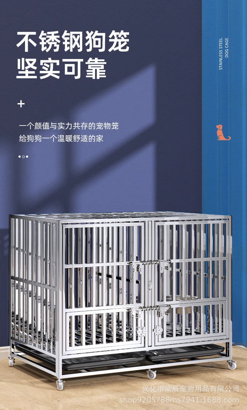Stainless steel dog cage with partition mother and child cage square tube double cage large pet golden retriever ken
