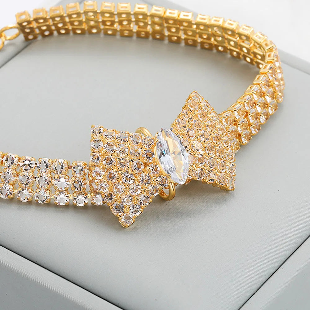 Adjustable Crystal Pet Necklace Cute Rhinestone BowTie Dog Collars Kitten Puppy Jewelry Necklace Photo Props for Small Animals