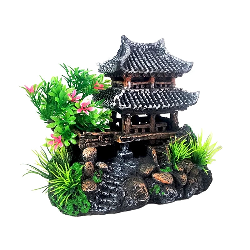 Resin Aquarium Decoration Simulated Attic Pavilion Artificial House View Rock CaveTree Fish Tank Ornament Pet Supplies Home Deco