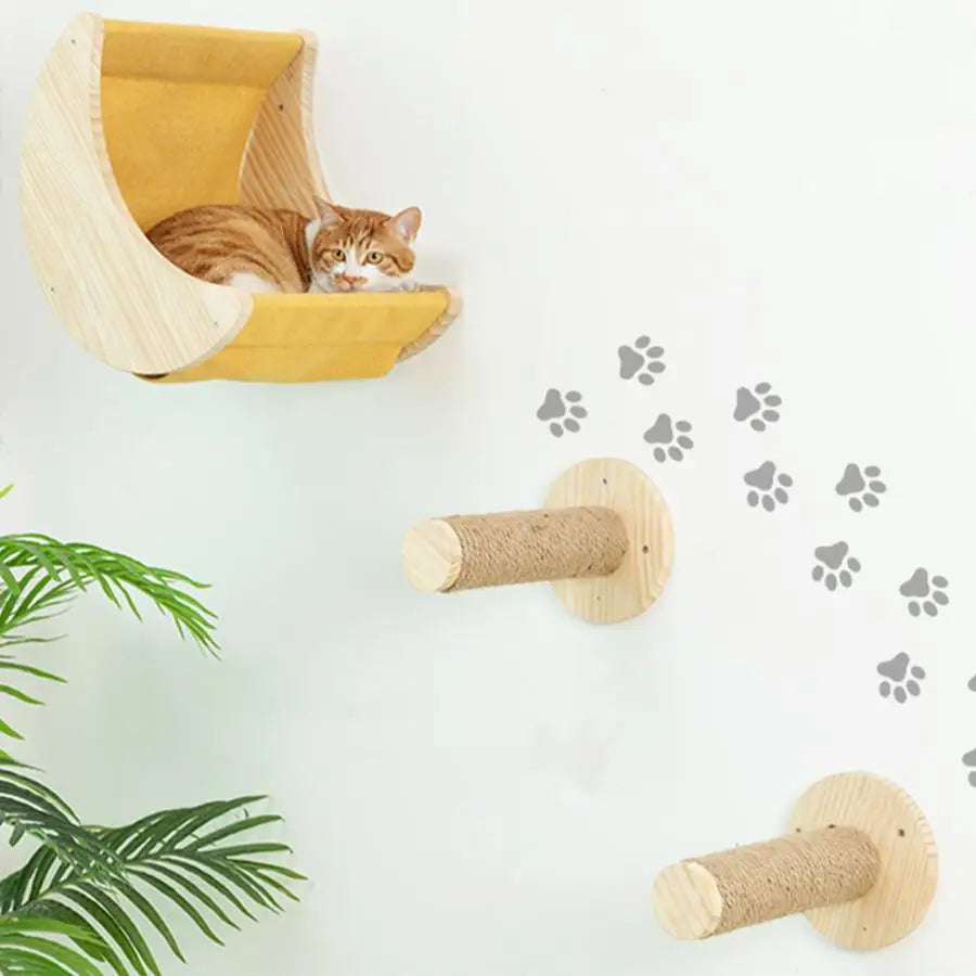 Cat Wall Mounted Solid Wooden Furniture Climbing Ladder and Cat Hammock with Scratching Post for Activity Indoor Cats Perches