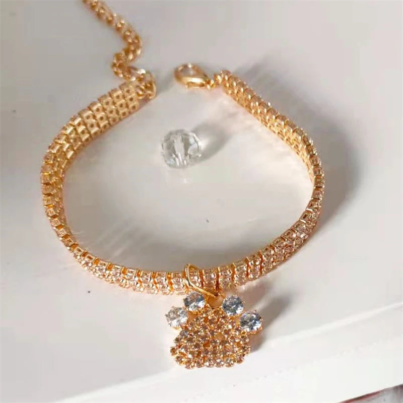 Fancy Summer Pet Dog Collars Alloy Rose Gold Zircon Footprint Pendant Necklace for Cats Luxury Designer Pet Neck Accessories