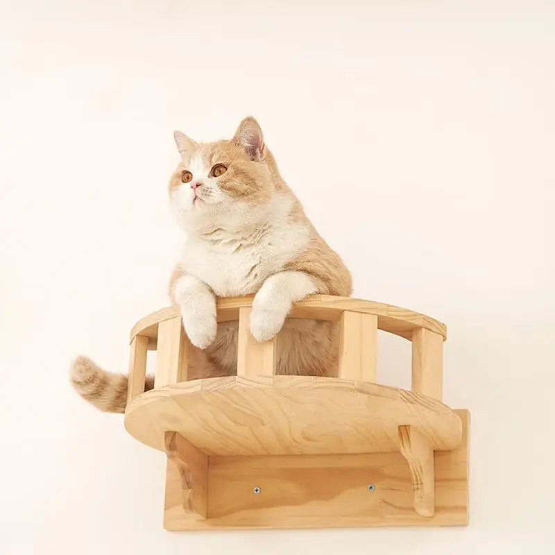 Cat Climbing Shelves Wall Mounted Platform and Hammock with Scratching Post Cat Pet Wooden Furniture for Sleeping and Playing