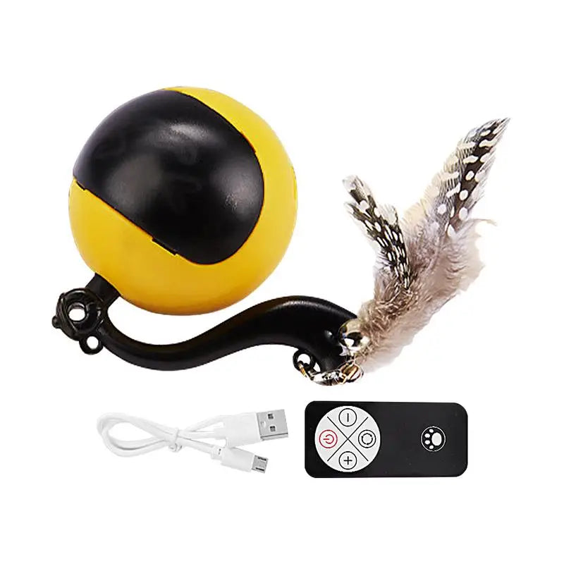 Smart Ball Cat Toy Cat Power Ball with Feather Tails Moving Cat Toy with LED Light and Sound Kitten Exercise Hunting Toys