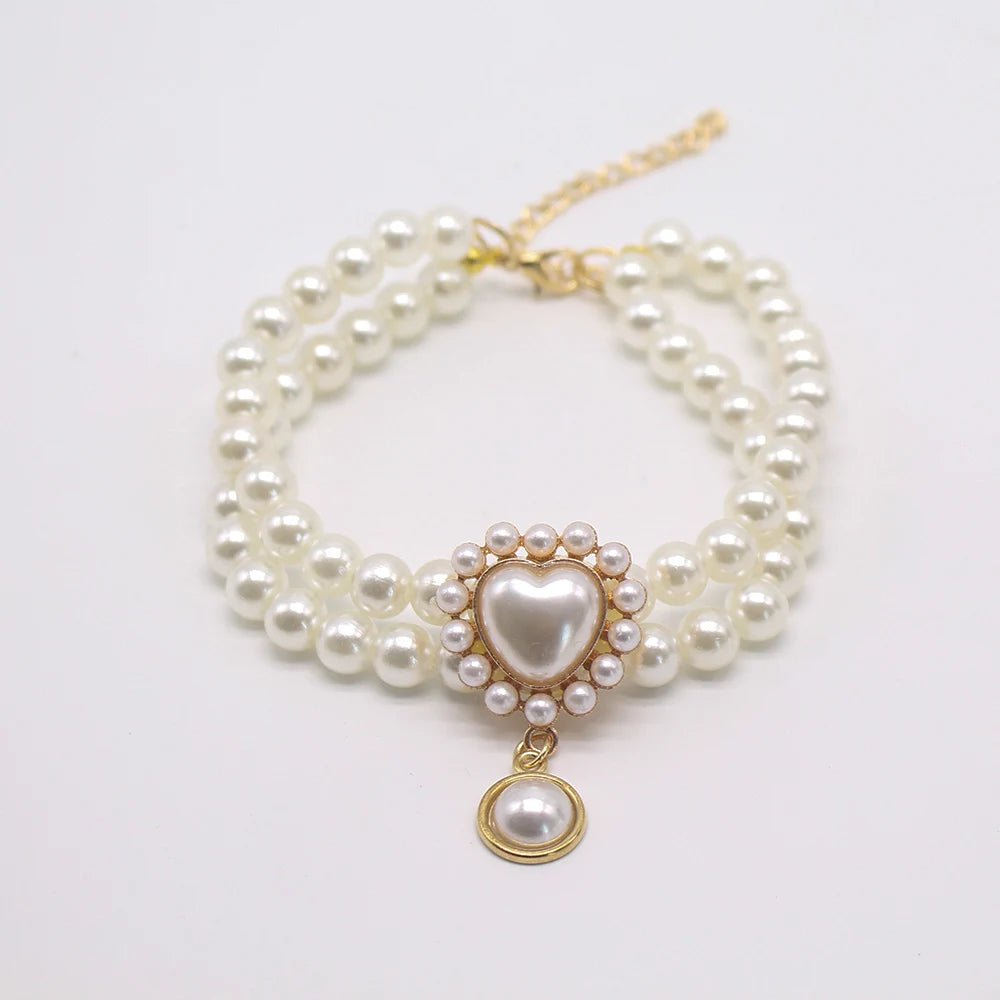 2 Rows Luxury Dog Cat Pearl Necklace Collar for Small Dogs Cats Yorkie Wedding Birthday Costume Crystal Jewelry Pet Accessories