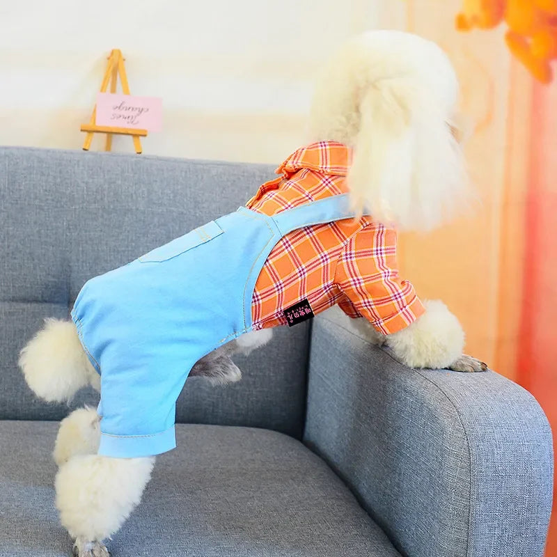 Dogs Clothes Jumpsuits Spring Autumn Denim Sling Plaid Pet T-Shirt Plaid Cat Dress Pet Puppy Skirt Teddy Puppy Clothes Small Dog