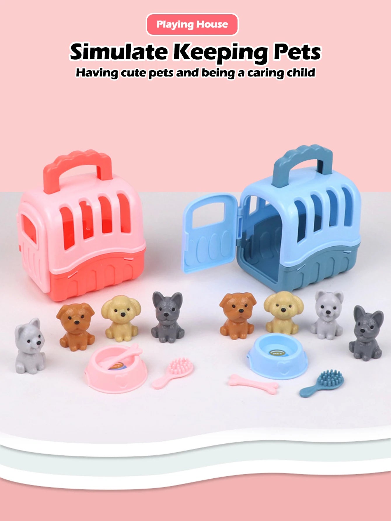 8pcs/set Cute Dog Pet Basket Family Toys Dog Doll Set Dog Cage Toys Scene Playing Toys Christmas Decoration Gifts
