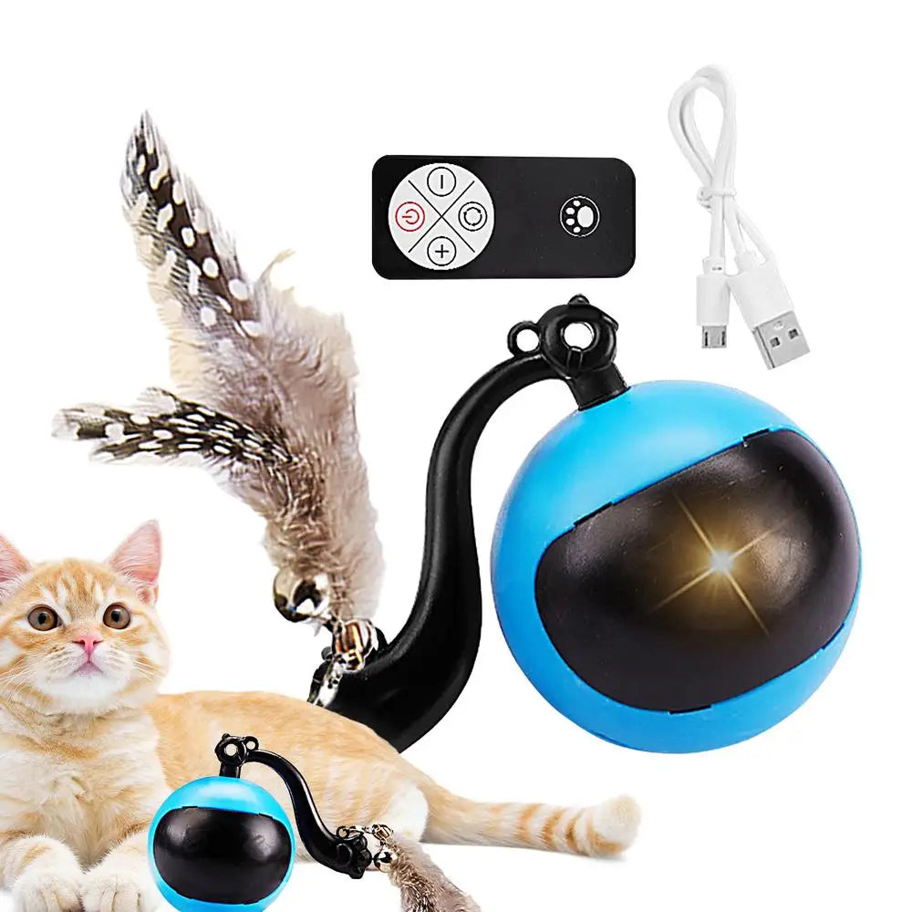Smart Ball Cat Toy Cat Power Ball with Feather Tails Moving Cat Toy with LED Light and Sound Kitten Exercise Hunting Toys
