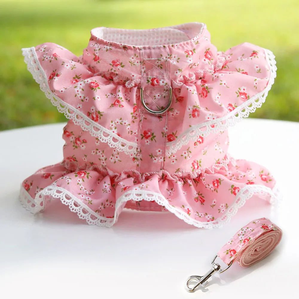 Pink Flower Puppy Harness Mesh Breathable Small Girl Dog Cat Vest Harness Cute Doggy Lace Dress Harness with Leash for Walking