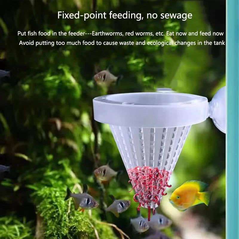 1pc Plastic Automatic Feeder With Suction Cup For Aquarium Red Worm Feeding Fish Tank Cone Live Food Tapered Hopper Basket New