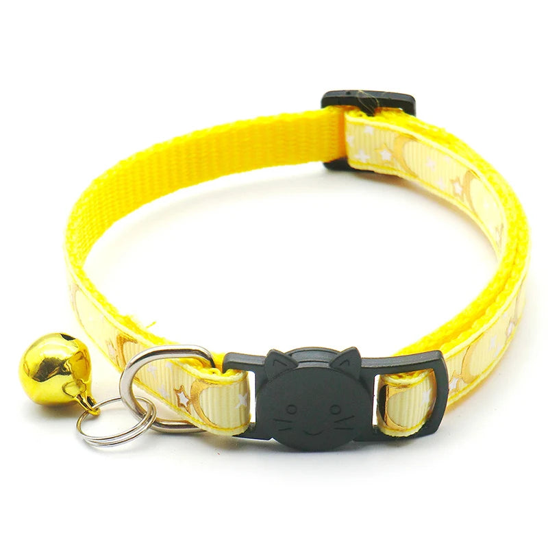 Gold Stars and Moon Cat Collar with Reflective Safety Buckle and Bell
