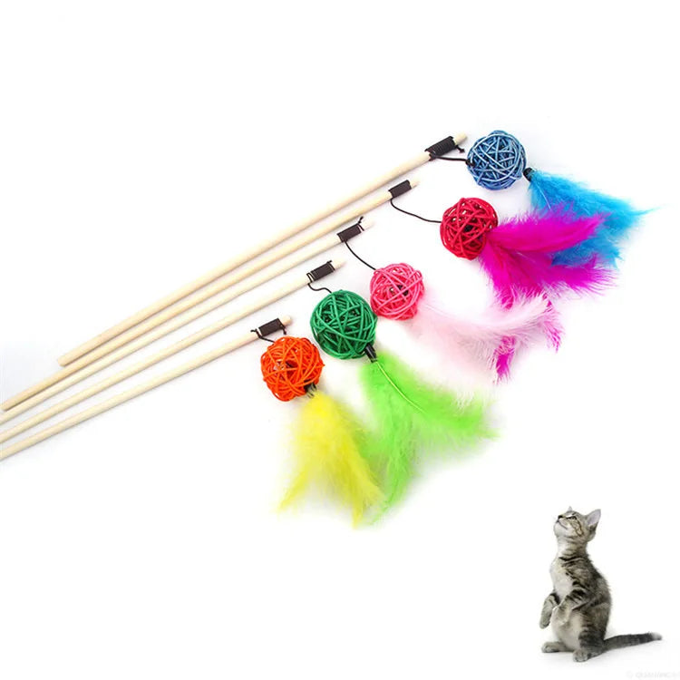 Cat Toy Cat Teaser Sticks Rattan Ball Funny Cat Stick Cat Supplies Funny Cat Ball Toy Interactive Nibbling Cat Rod Feathers