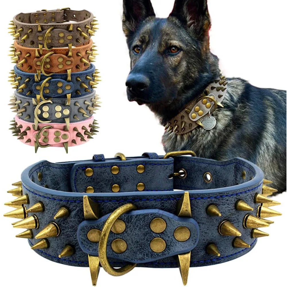 Spike Dog Collar with Big Sharp Spikes for Large Dogs Adjustable PU Leather Spiked Collar Luxury 2 Inch Wide Studded Dog Collars