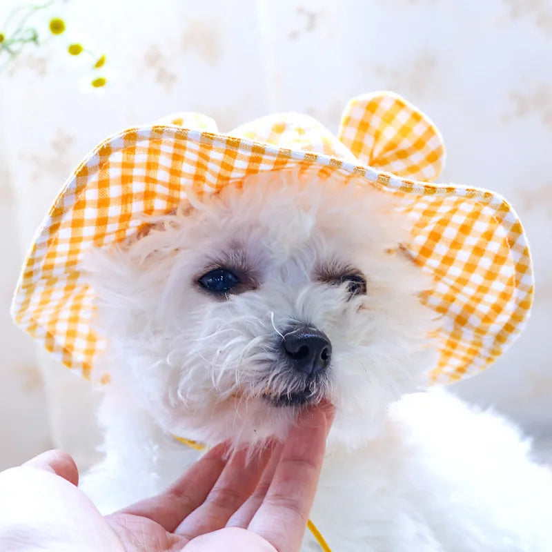 Pastoral Style Plaid Cat Hat Cute Ears Sunshade Cap for Dogs Summer Pet Headwear Unisex Outdoor Hats Chihuahua Dogs Accessories