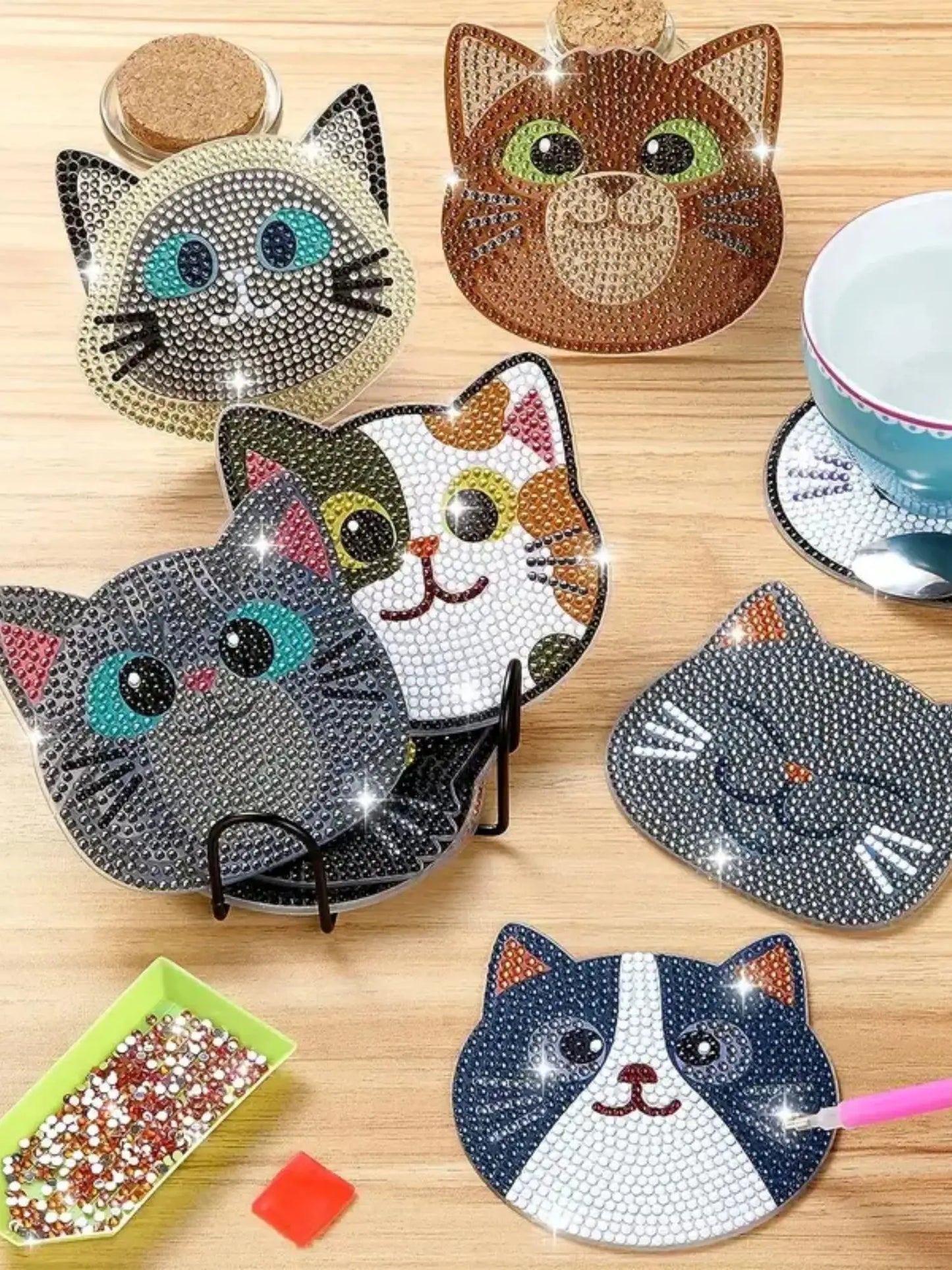10pcs Diamond Painting Coasters Set, DIY Cartoon Cat Pattern Round Coasters 10x10cm/3.93x3.93in