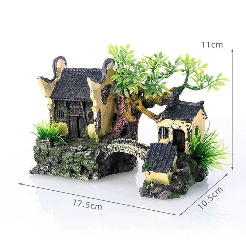 Resin Aquarium Decoration Simulated Attic Pavilion Artificial House View Rock CaveTree Fish Tank Ornament Pet Supplies Home Deco